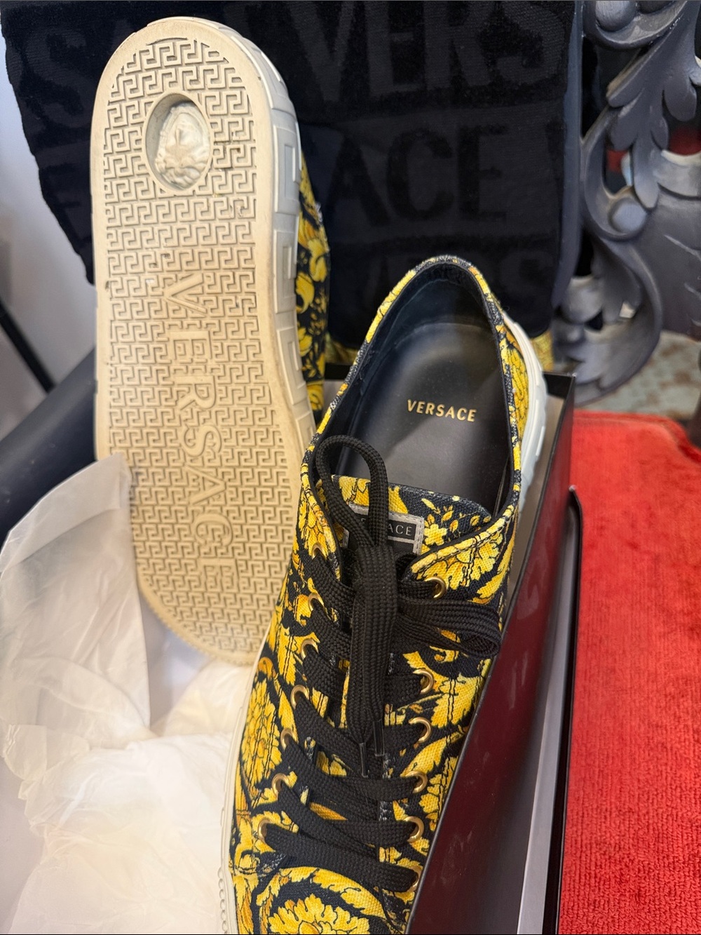 Versace Black and Yellow Baroque Pattern Low-Top Sneakers